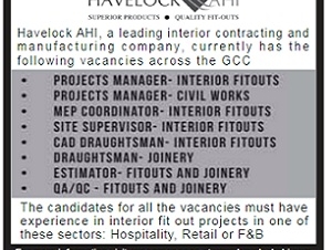 CAD Draughtsman- Interior Fitouts•       Projects Manager- Interior Fitouts•       Projects Manager- Civil works•       Site Supervisor- Interior Fitouts•       MEP Coordinator- Interior Fitouts•       Draughtsman- Joinery•       Estimator- Fitouts and Joinery•       QA/QC - Fitouts and Joinery 