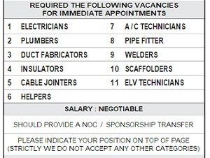 1     ELECTRICIANS   7 A/C TECHNICIANS2     PLUMBERS     8      PIPE     FITTER3     DUCT     FABRICATORS     9      WELDERS4     INSULATORS     10     SCAFFOLDERS     5     CABLE JOINTERS 11   ELV TECHNICIANS 6     HELPERS