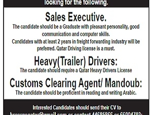 Sales Executive.  Heavy(Trailer) Drivers:Customs Clearing Agent/ Mandoub