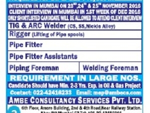 Tig & Arc welder Rigger Pipe fitter Pipe fitter Assistant Piping foreman Welding foreman