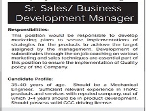 A Leading Electromechanical Company in Qatar is looking for Sr. Sales/ Business Development Manager