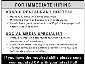 URGENTLYFOR IMMEDIATE HIRING  ARABICRESTAURANTHOSTES SOCIALMEDIASPECIALIST 