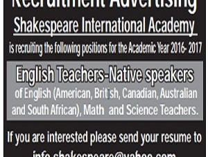 Recruitment Advertising Shakespeare International Academy English Teachers-Native speakers